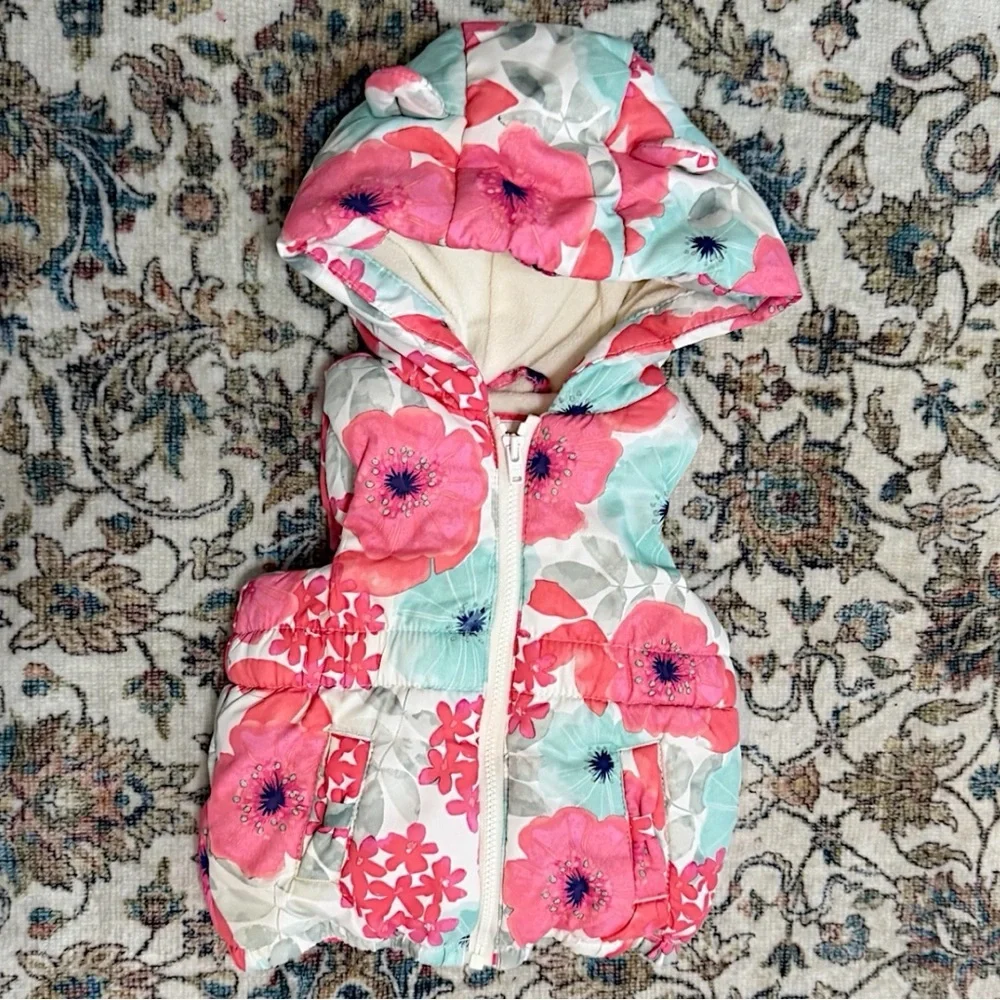 VTG Y2K Gymboree Floral Puffer Vest 6-12 Months Baby Girl Floral Hooded Zips